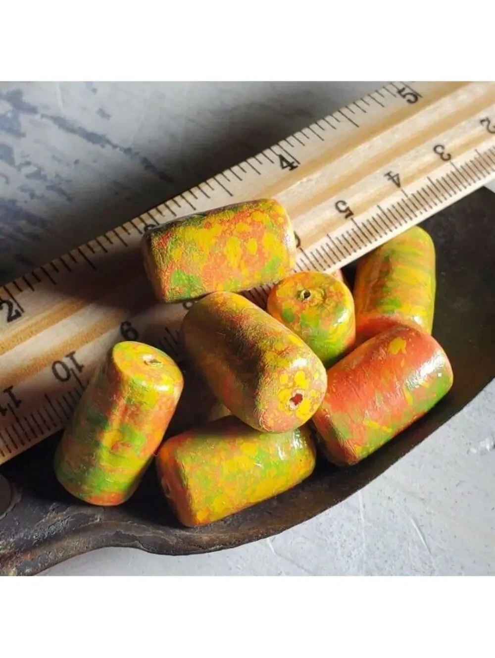 Japanese Mottled Decoupage Beads Vintage Coral Pink Cream Green 22mm Tube 4pcs